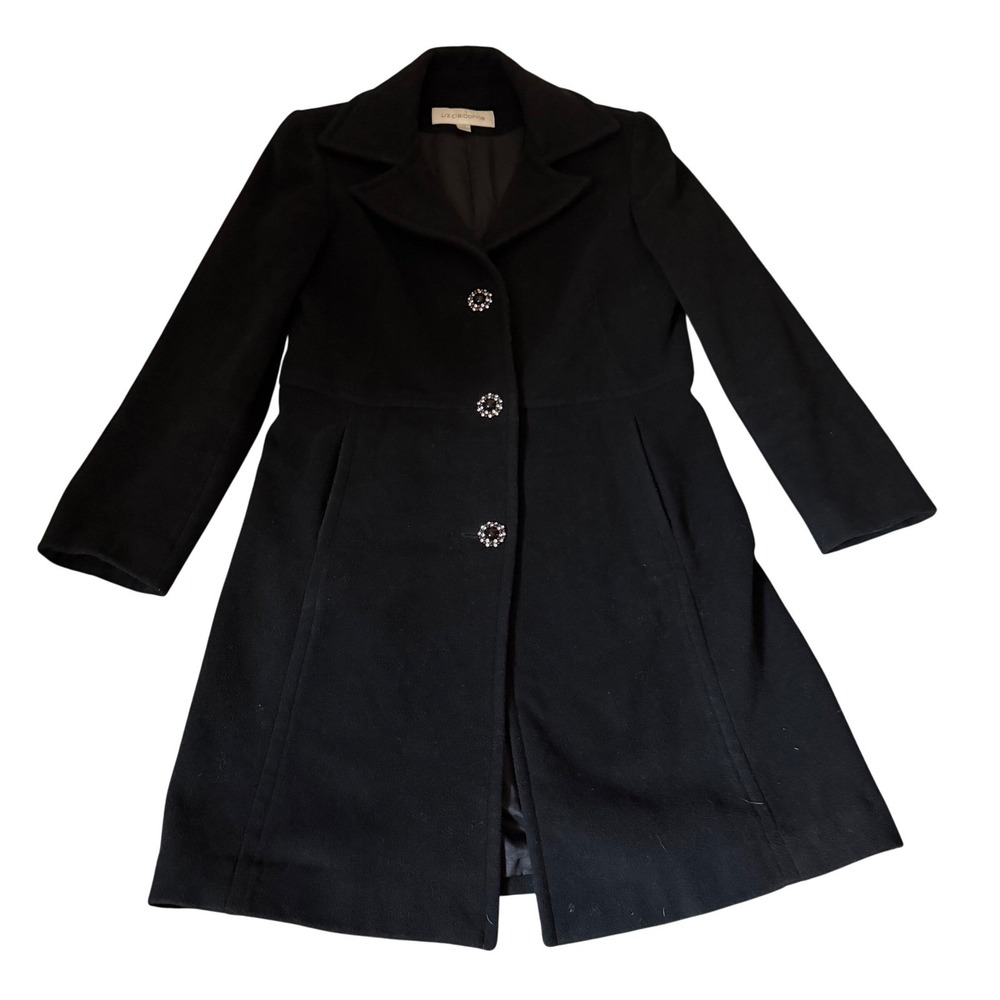 Liz‎ Claiborne Wool Blend Black Coat Classic Long Button Front Size 10 Vintage